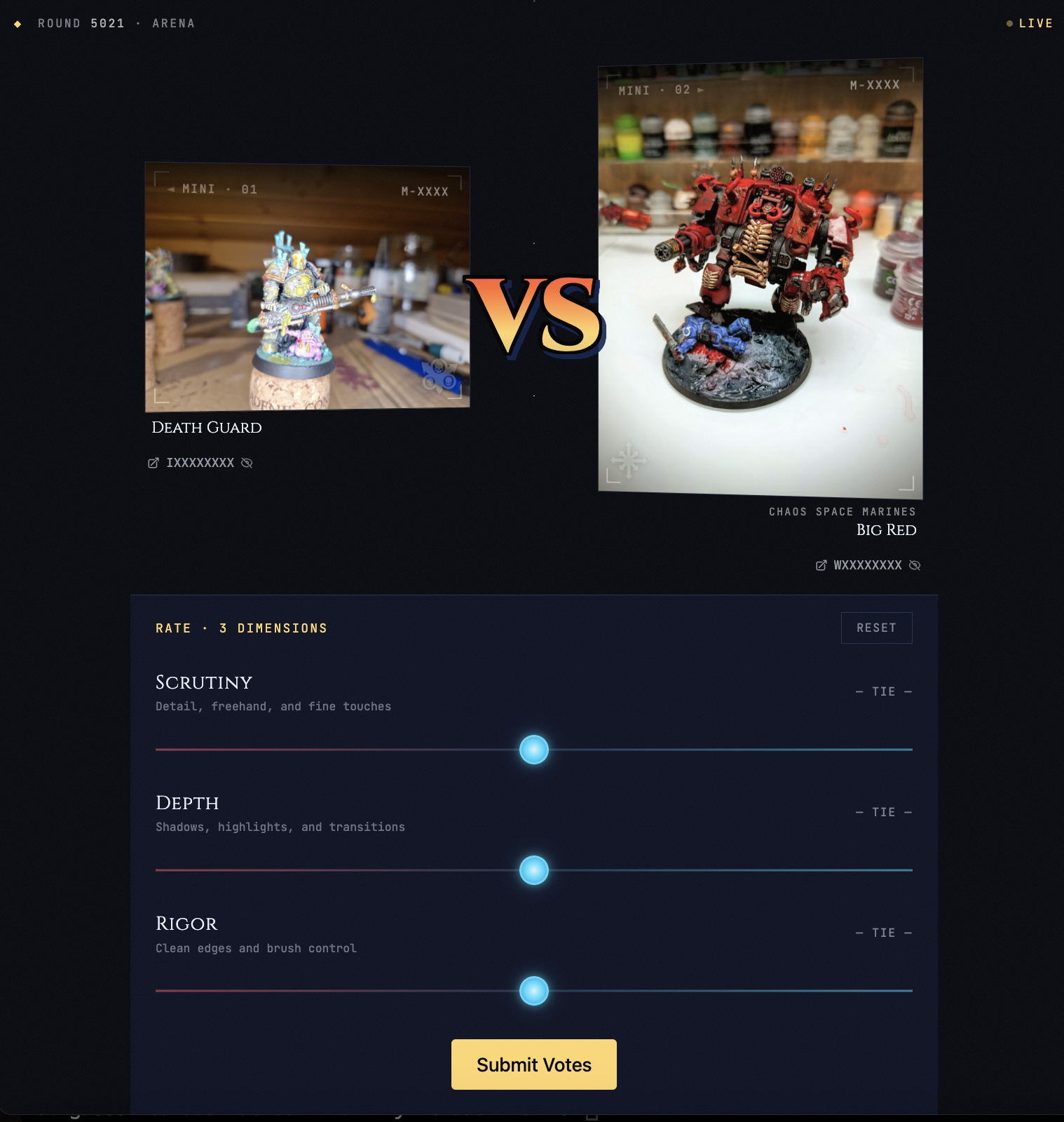 Battle page showing two miniatures side by side with voting sliders for Scrutiny, Depth, and Rigor dimensions