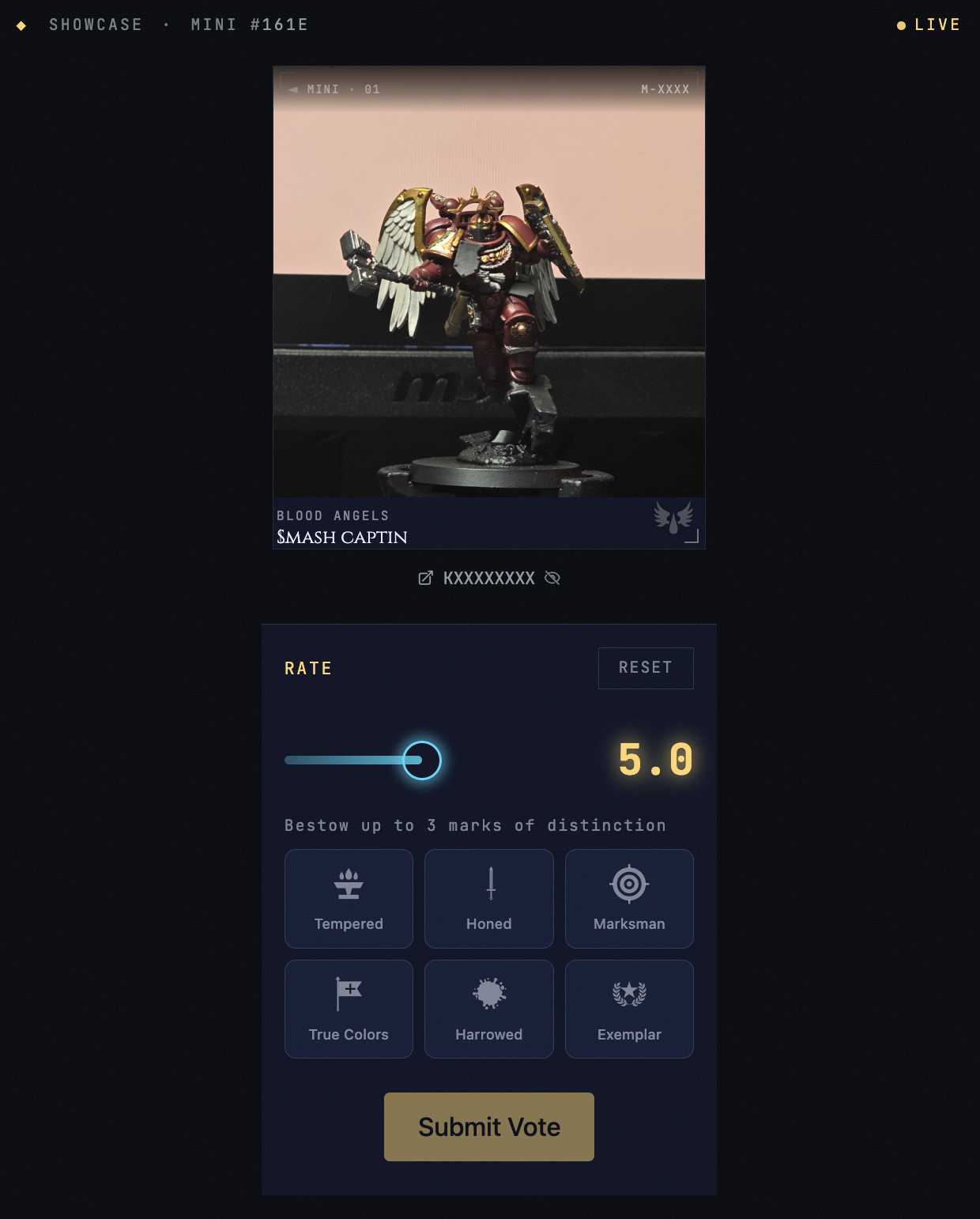 Showcase page showing a single miniature on display with an appreciation slider and six mark badges